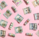 colored Background with money american hundred dollar bills on top wiev with copy space for your text in business concept